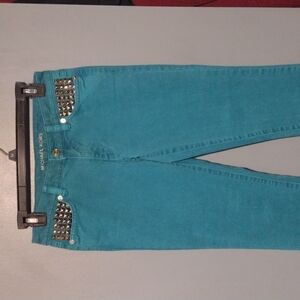 Studded turquoise/aqua/teal Michael Kors skinny jeans with gold studs size 0